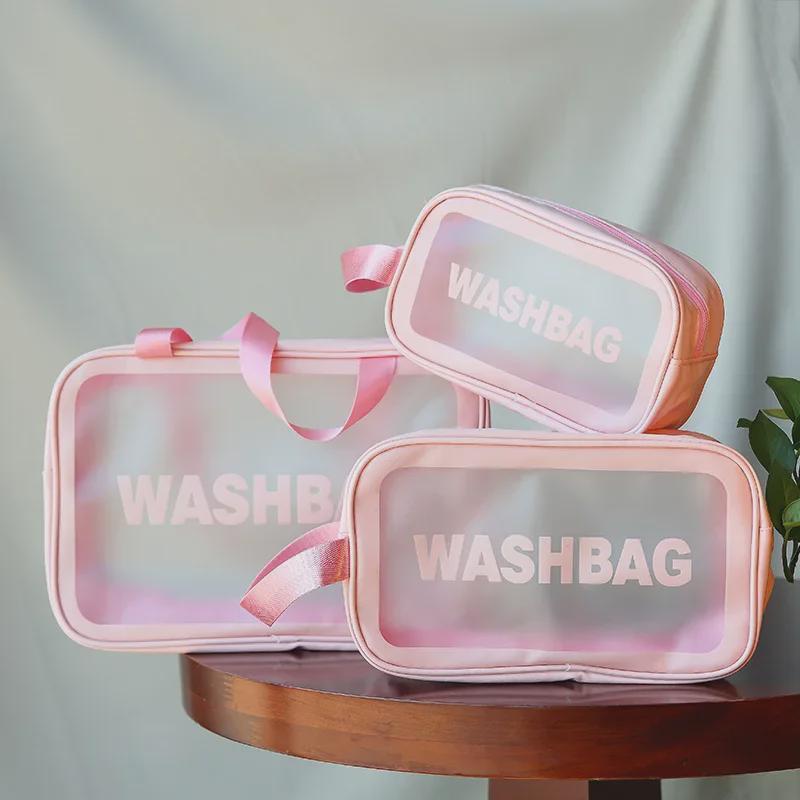 Transparent Three-Piece PVC Cosmetic Bag Set: Large, Frosted, Portable Storage for Women