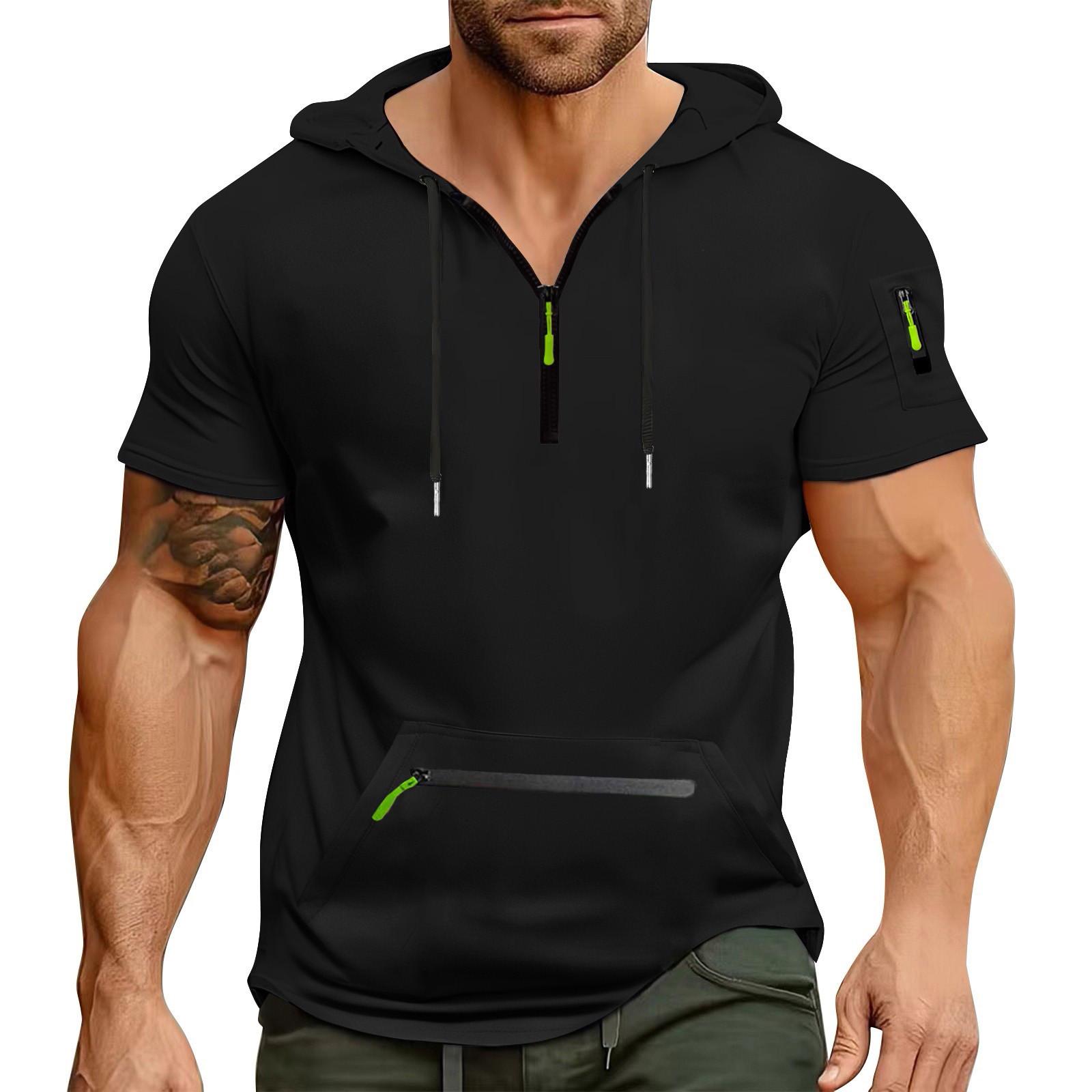 Men s Summer Shirt Zipper Pocket Short Sleeve Hooded Sweatshirt Men s Sports Large Size Casual Sweatshirt L