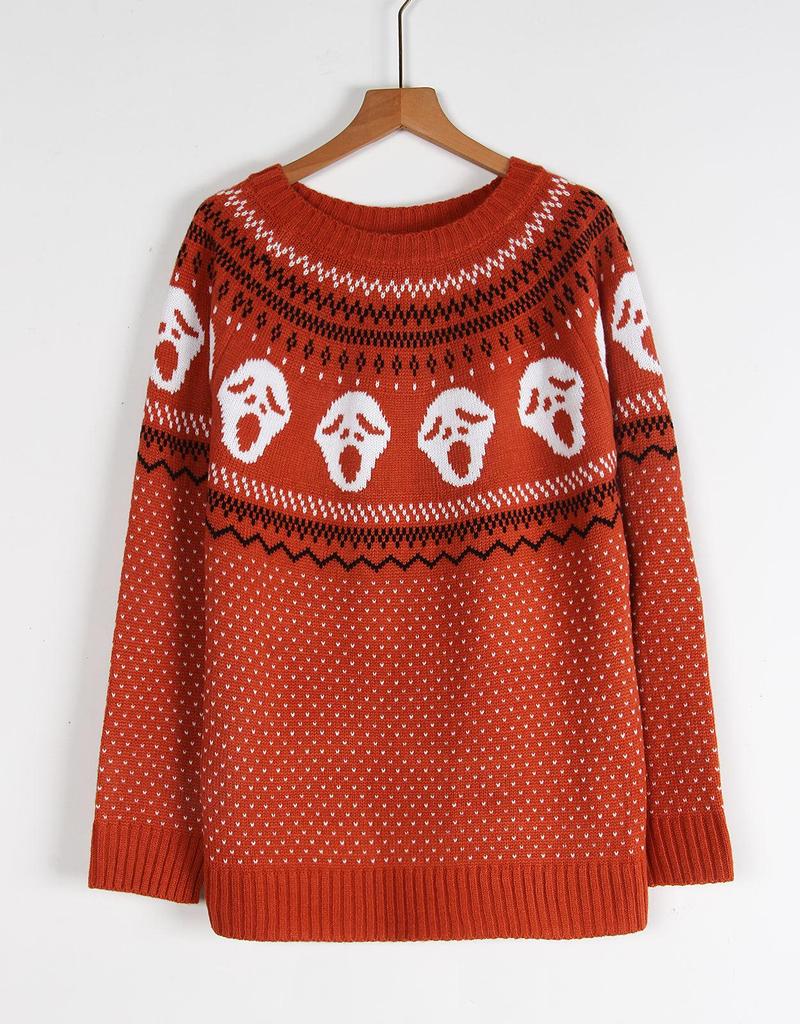 Women's Halloween Skull Jacquard Sweater: Autumn/Winter European & American Style, Round Neck, Long Sleeve Knitwear