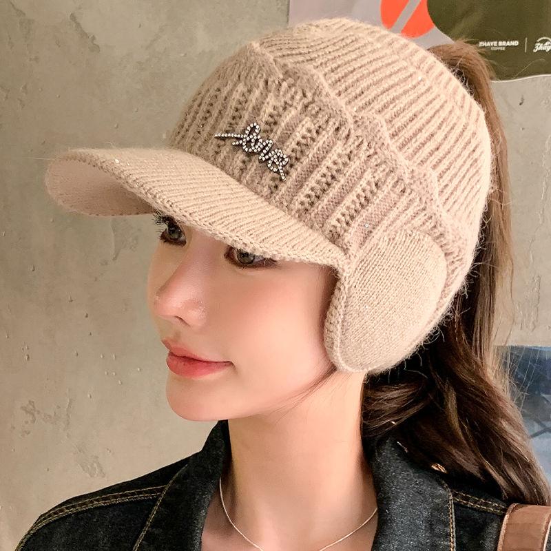 Autumn Winter Knitted Wool Hat - Thickened Warm Visor Cap, Outdoor Cycling Ear Protection, Women's Empty Top Baseball Cap