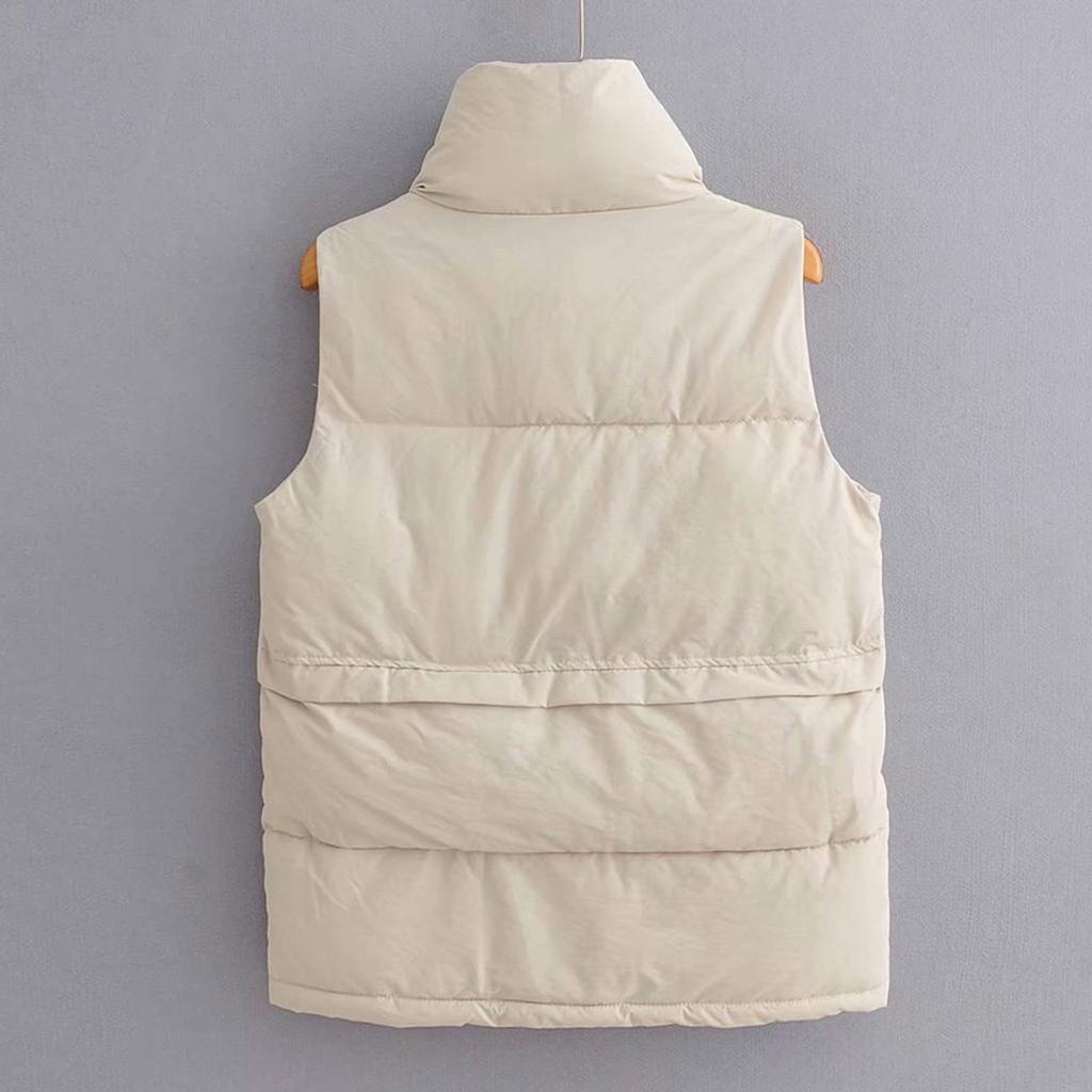 Women Solid Short Outerwear Cotton Jackets Pocket Loose Stand Vest Coats