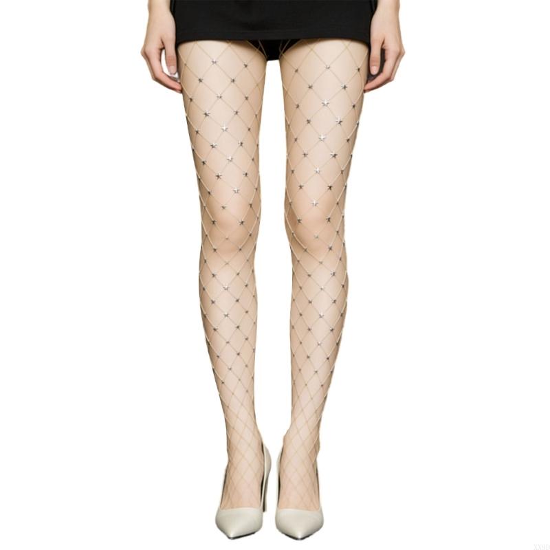 Glitzernde Netzstrumpfhosen mit Strasssteinen, hohe Taille, für Party-Damen, Strumpfhosen mit Strasssteinen One Size beige