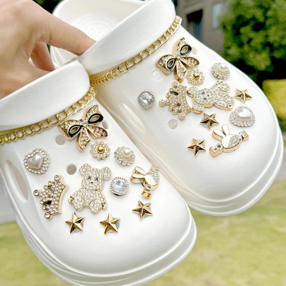 24PCS Luxury Design Shoe Charms Set Accessories for Clogs Shoe Buckle Gold Plated Bear Rhinestone Bow Chain DIY Shoes Decoration