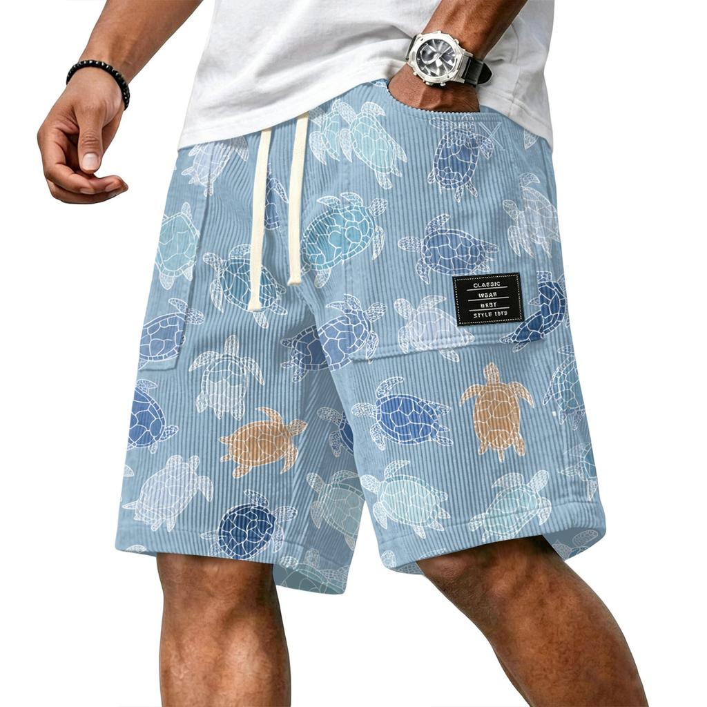 Men Corduroy Drawstring Shorts Casual Loose Fit Summer Turtle Print Elastic Waistband Classic Wear Patchwork Design