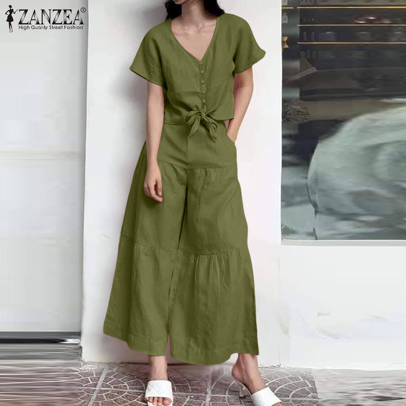 ZANZEA Women Short Sleeve Blouse and Wide Leg Pants Summer Two Piece Sets