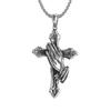 Vintage Praying Hands Cross Pendant Necklace Hip-hop Stainless Steel Chain Neck Accessories Hip Hop Rock Jewelry Gifts