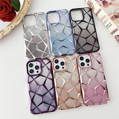 Luxury Plating Geometric 3D Diamond Transparent Phone Case For iPhone 11 12 13 14 15 16 Pro Max Soft Silicone Shockproof Bumper Cover