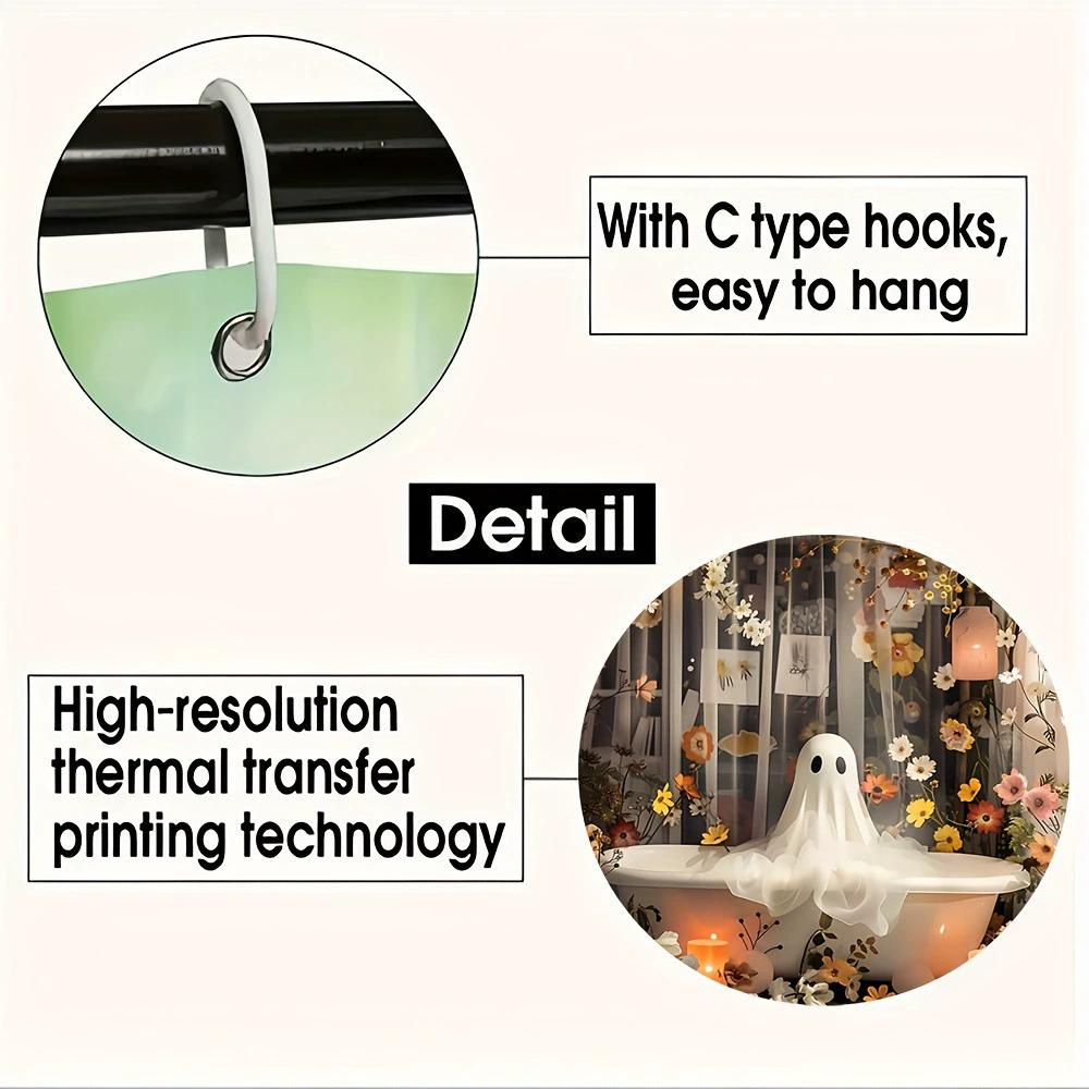 Hot 4Pcs Halloween Shower Curtain Set with 12 Hooks & Toilet Mat, Spooky Bat Ghost Print Waterproof Bathroom Decor for Housewarming