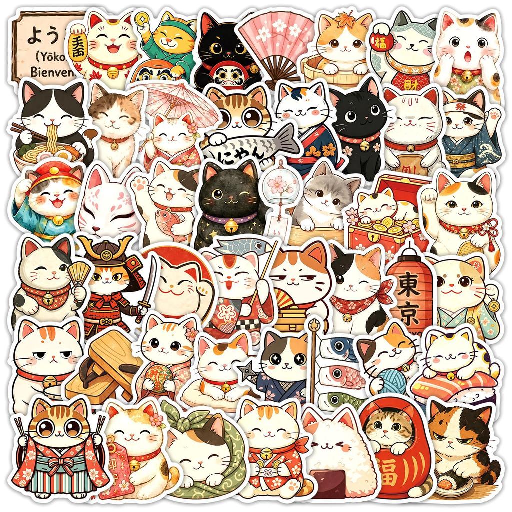 50Pcs Retro Japanese-Style Ambiance Cats Stickers Cute Cat Creative Cartoon Decal Diy Luggage Phone Guitar Scrapbook Kid Toys