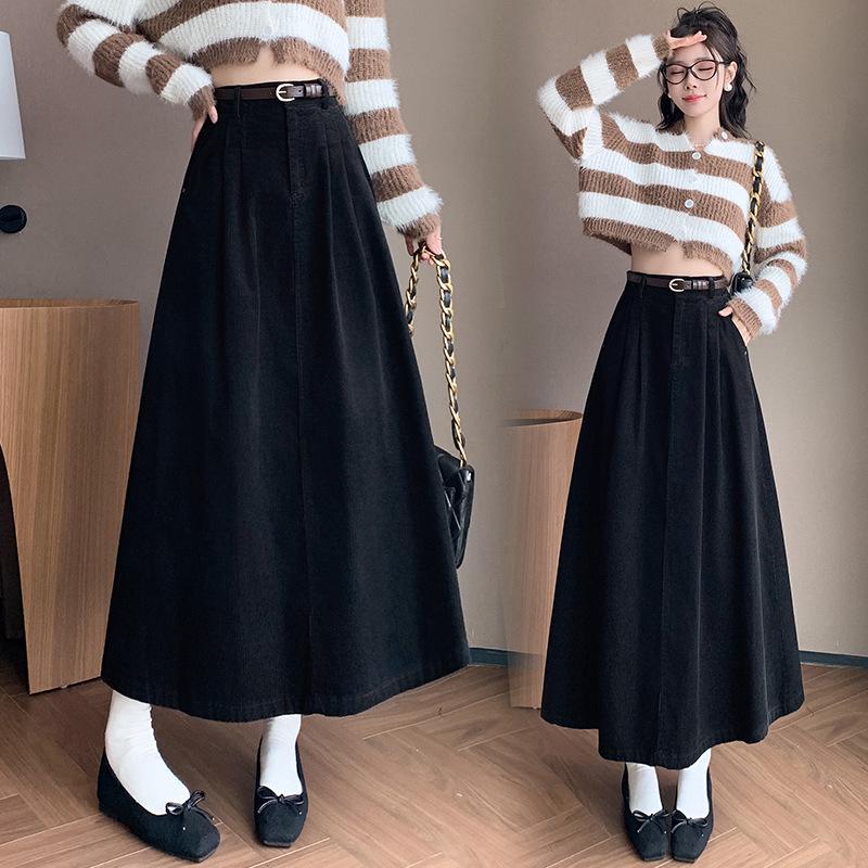 Women's High Waist Corduroy Midi Skirt - 2025 Autumn Winter Korean Style, Large Flare Pleated Design