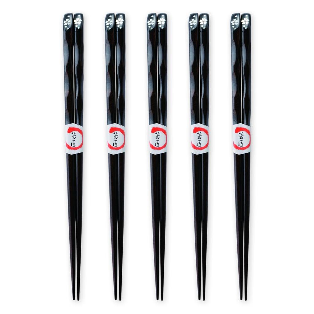 Wooden Tensuke Sakura Set of Current Model J-kitchens Chopsticks, Chopsticks, Black, 5, 23.5cm,