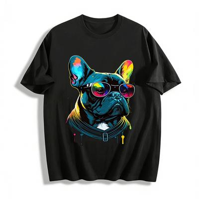 Cool Sunglasses French Bulldog Print Casual Short Sleeve T-Shirt Pure Cotton T-shirt