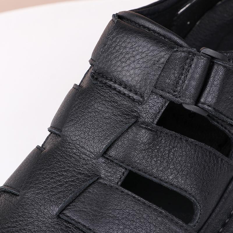 Men'S Sandals Men'S Leather Baotou Hole Shoes Leather Sandals Middle-Aged Dad Casual Beach Shoes
