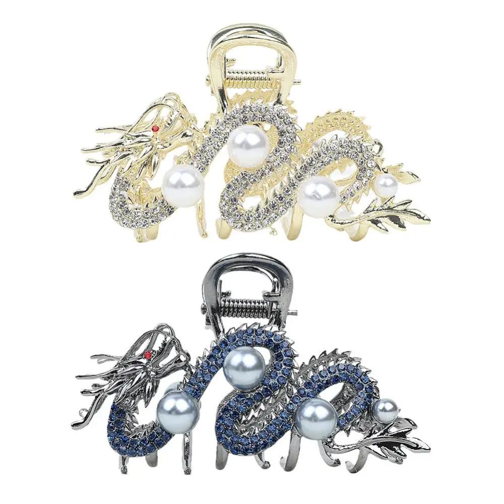 Chinese Dragon Year Hair Clips Hair Accessories for Women Girl Red Bead Metal Rhinestone Hair Pin Fashion Jewelry
