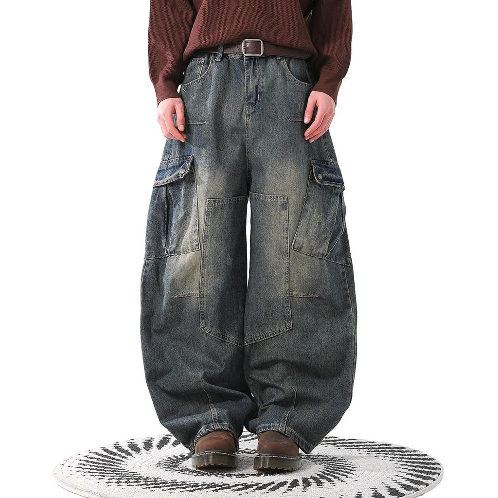 Unisex Street Style Distressed Scimitar Wide-Leg Cargo Jeans