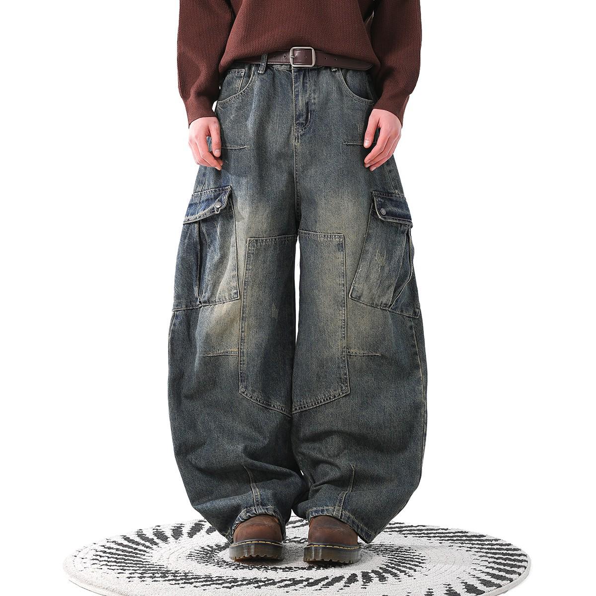 

Unisex Street Style Distressed Scimitar Wide-Leg Cargo Jeans Medium синий