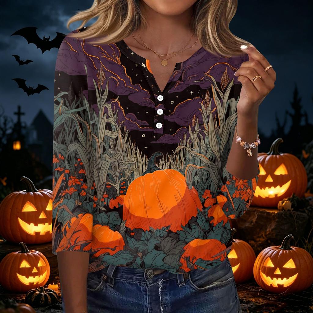 Women's Casual Halloween Print V Neck Button Three Quarter Sleeve T Shirt Top Lightweight Soft Fabric Comfortable Fit