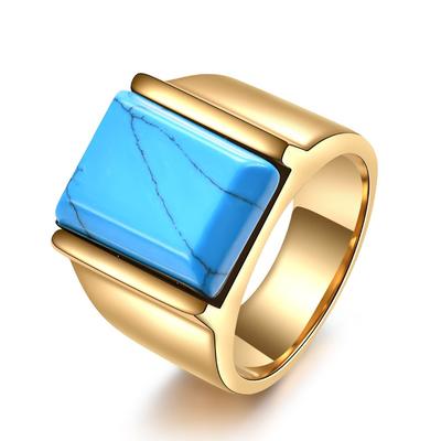 Stainless Steel Ring Men Square Geometric Turquoise Glass Fashion Minimalist Titanium Steel Band