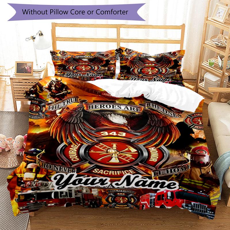 3PC Custom Name Firefighter Tribute Bedding Set Duvet Cover Closure Includes 1 Duvet Cover & 2 Pillowcases for Bedroom