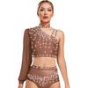 Damen Zeitgenössischer Tanz Top Asymmetrisch Transparentes Mesh Langarm Buntes Strass Crop Top