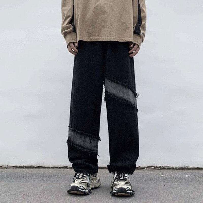Młodzieńcza Witalność Modne Szyte Jeansy Odzież Męska Frędzle Szerokie Nogawki Spodnie Jeansowe Zniszczony Streetwear Proste Spodnie