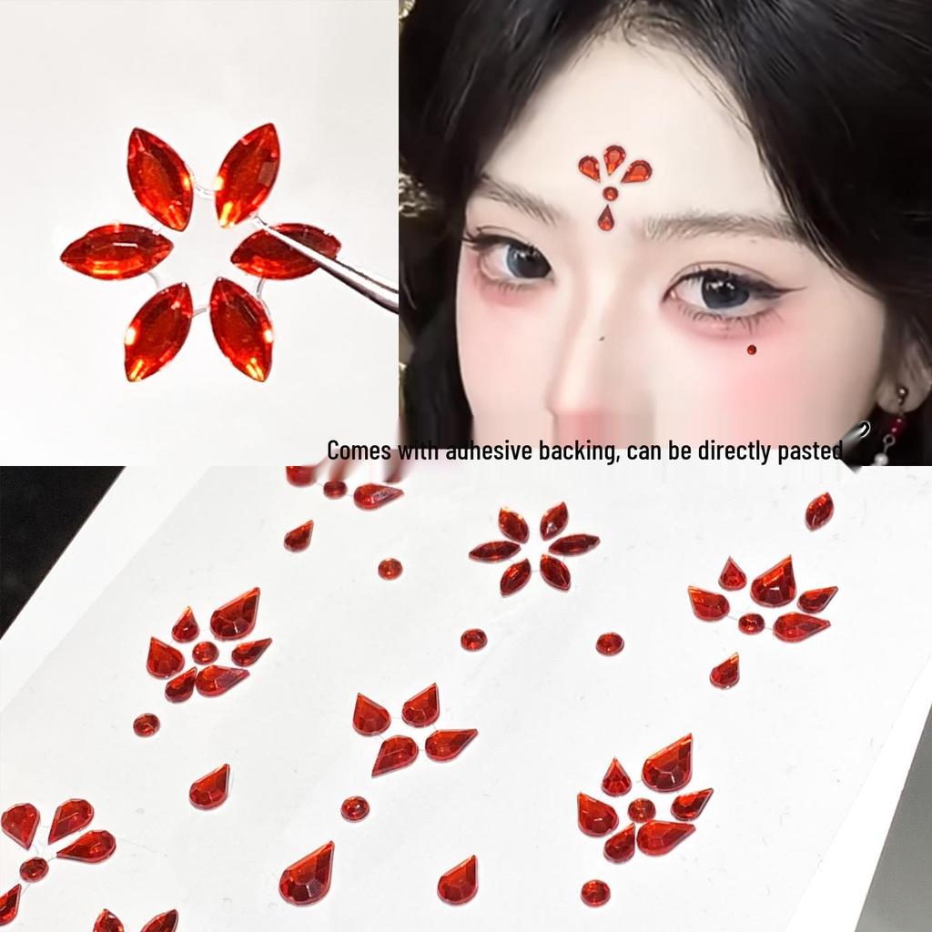 Diadema Rosso con Strass sulla Fronte e Adesivi Decorativi per il Viso in Stile Antico per il Trucco Hanfu