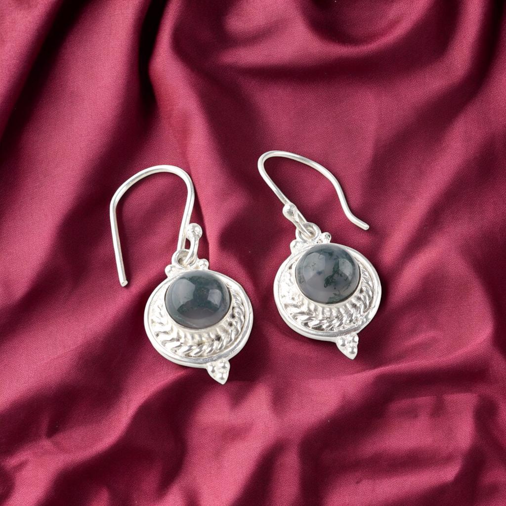 Seltener Moosachat Edelstein 925 Sterlingsilber Schmuck Handgefertigte Ohrringe 1,43" EE-117-39