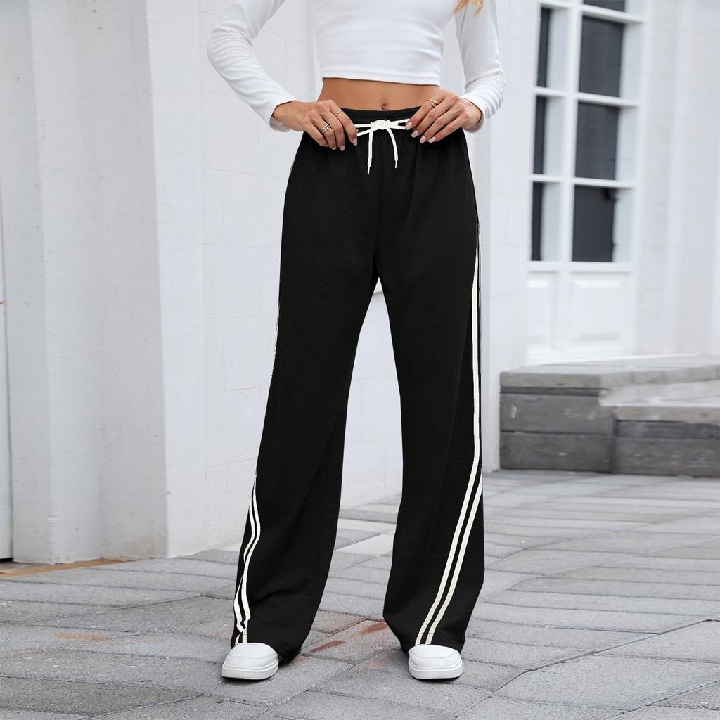 Women's Fashionable Solid Color Pocket Straight Leg Elastic Waist Casual Pants
