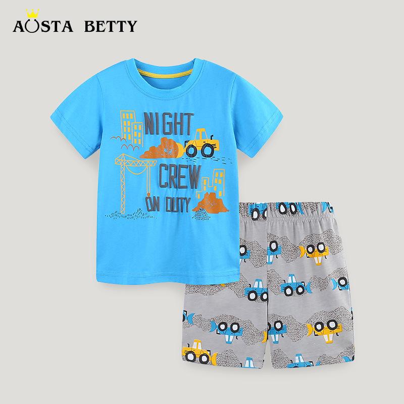 Kids' Summer Cotton Knit Tracksuit - Cartoon Crew Neck 2-Piece Set for Boys