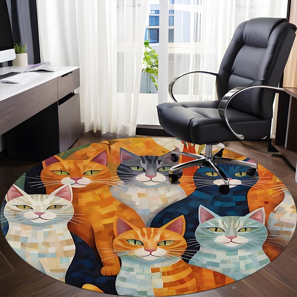 1PC Cat Family Office Round Area Rug, Indoor Mat Suitable ForOffice, Under Office Chairs Bedroom Living Room Home Decor, Room Deco f003