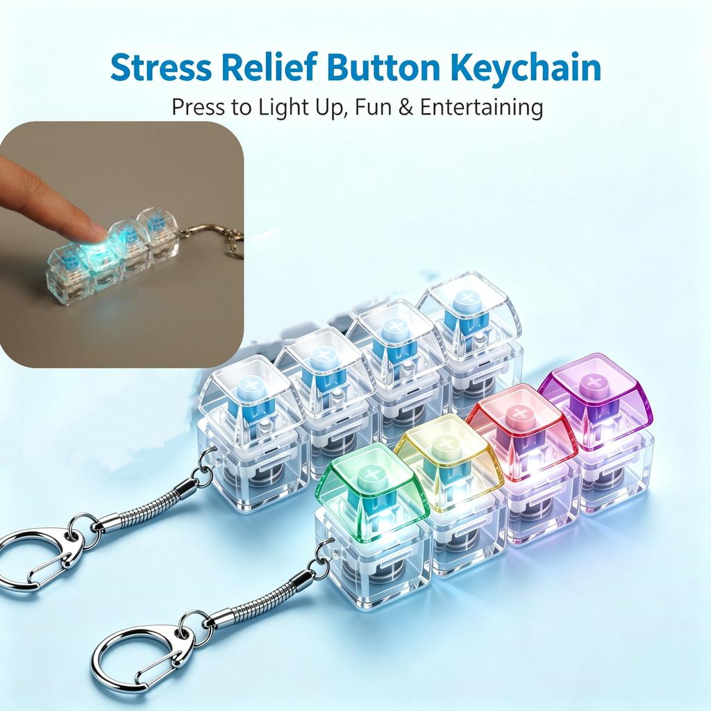 Fidget Clicker Keychain Transparent Rgb 4-Button Tactile Feedback Pad Fun Stress Relief Mini Light-Up Gadget Desk Accessory Gift