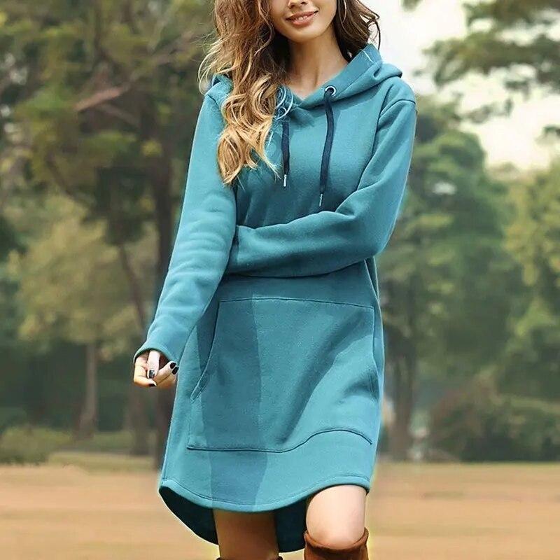 Hoodies Casual Losse Effen Jurk Vrouwen Elegant Lange Stijl Zak Oversized Sweatshirt Vrouwelijk Lief Design Chic Streetwear Jurken