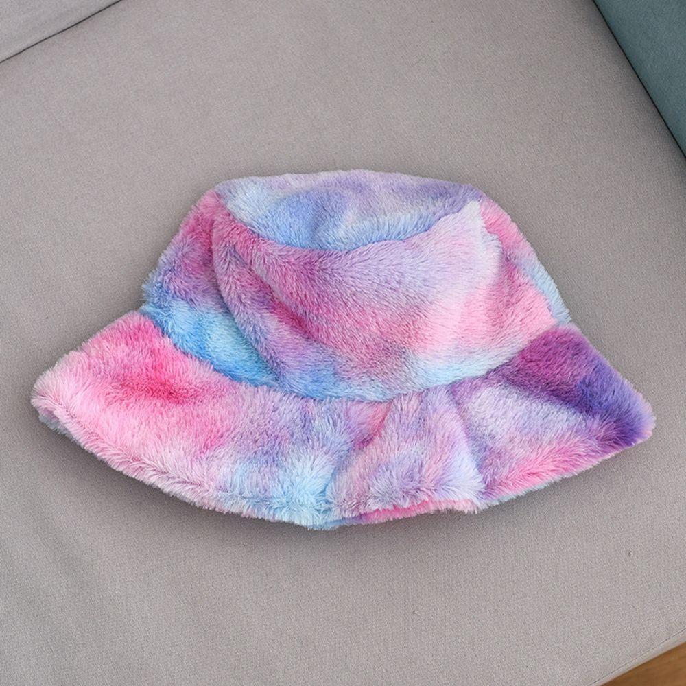 Rainbow Tie Dye Faux Fur Bucket Hat Korean Style Cap Autumn Winter Hat Women Fisherman Hat