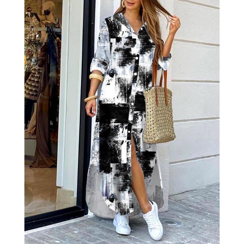 Moda Primavera e Autunno EastRogue Camicia Sexy Monopetto Gonna Lunga Abito Ampio con Revers