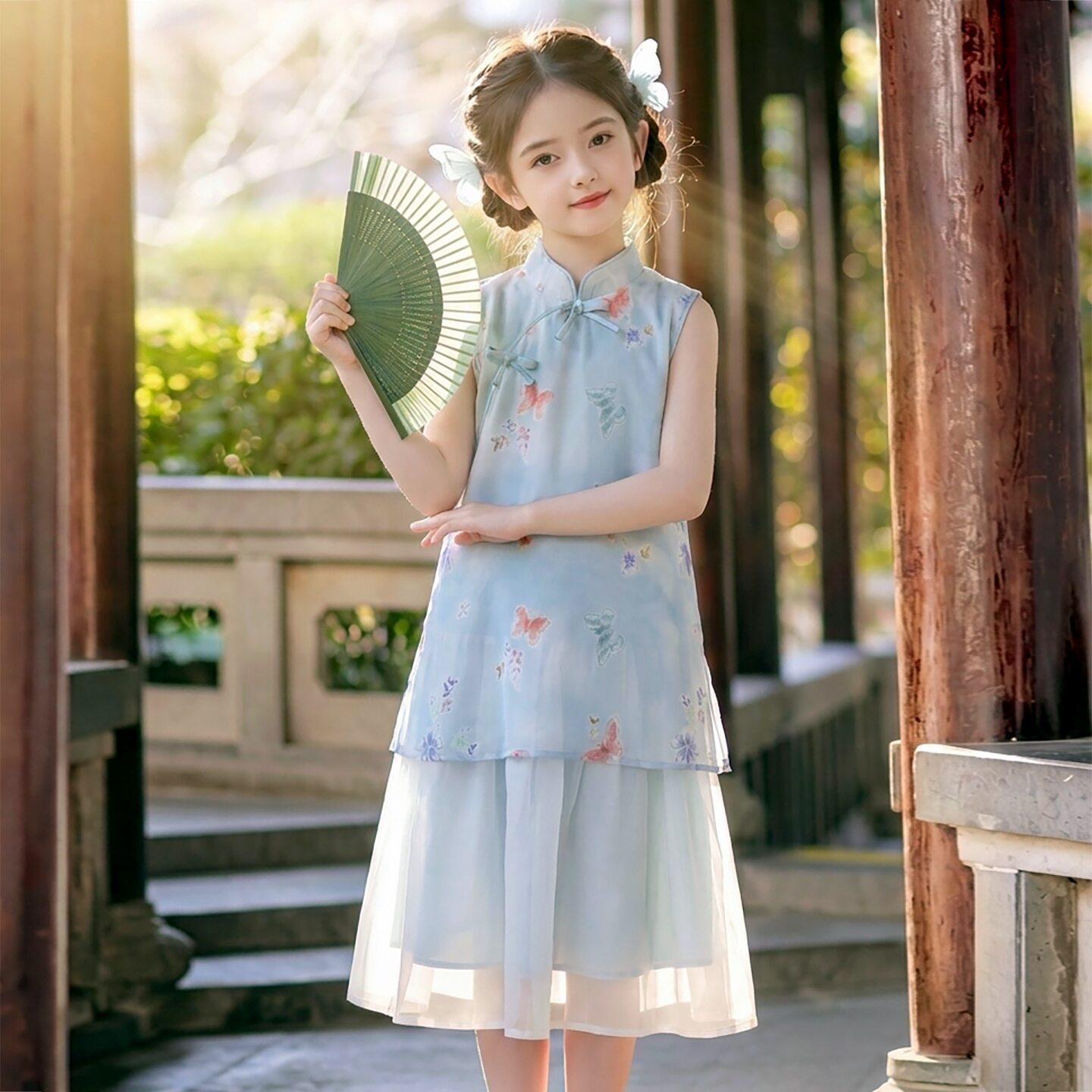 Summer 2026 Girls Cheongsam: New Chinese Style Hanfu Skirt for Children 160