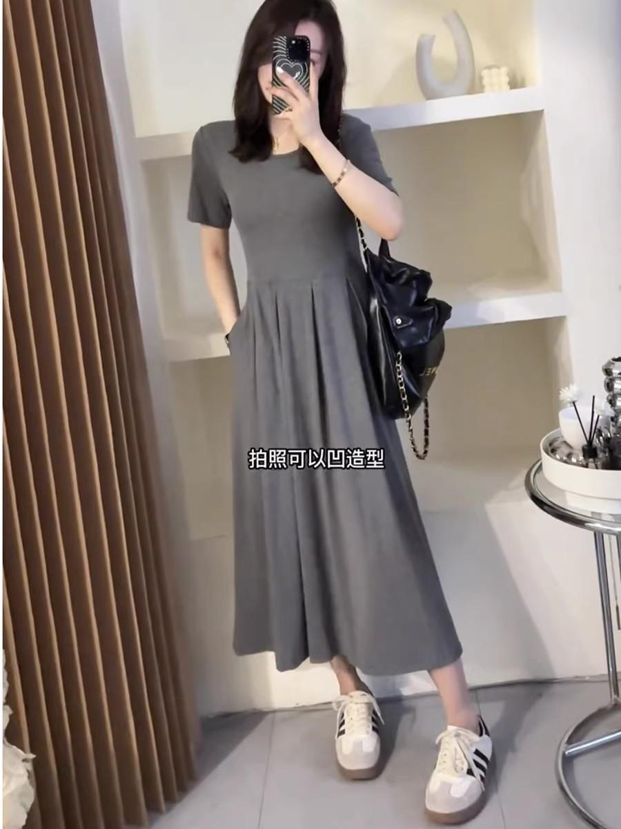 

Dress Classic Versatile Skinny Pleated Dress Short Sleeve Summer New Korean Age Reducing Large Size Long Dress 3XL темно-сірий