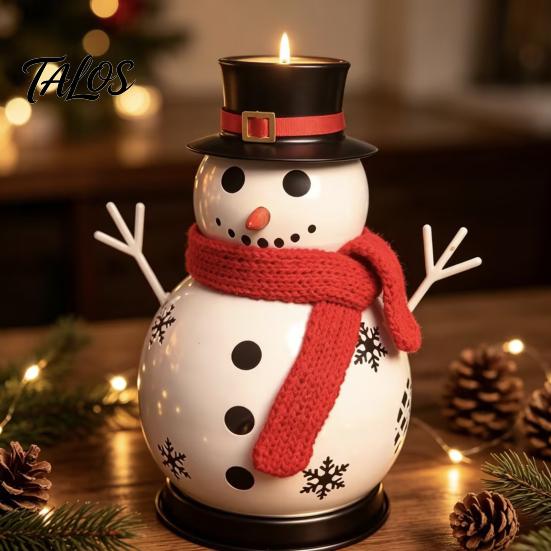 Durable Metal Candle Storage Christmas Snowman Holder, Decorative Candlestick Ornament with Top Reusable Table Hat And Scarf for Centerpiece