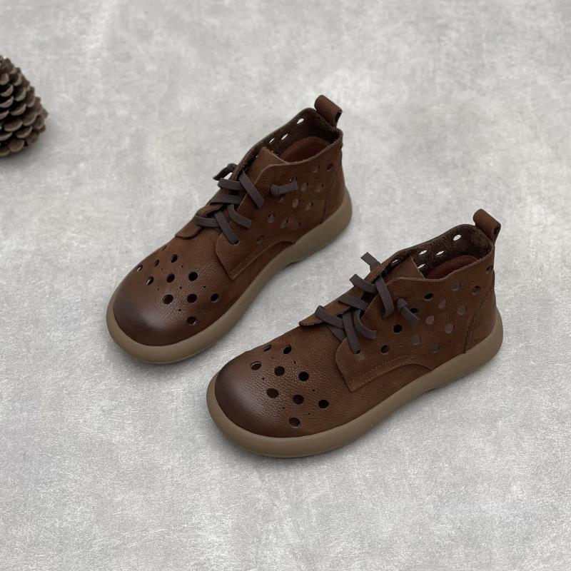 Johnature Retro Genuine Leather Hollow-out Boots Round Toe Flat Elastic Lace-up Soft Cowhide Women's Sandals