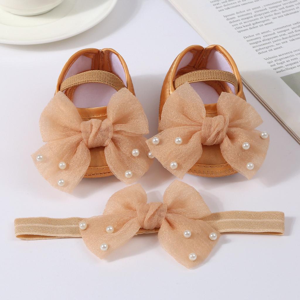 Elegant Lace Pearl Tulle Bow Baby Crib Shoes Matching Stretch Headband Set, Non-Slip Flexible Sole Toddler First Walkers Princess Outfit Accessory