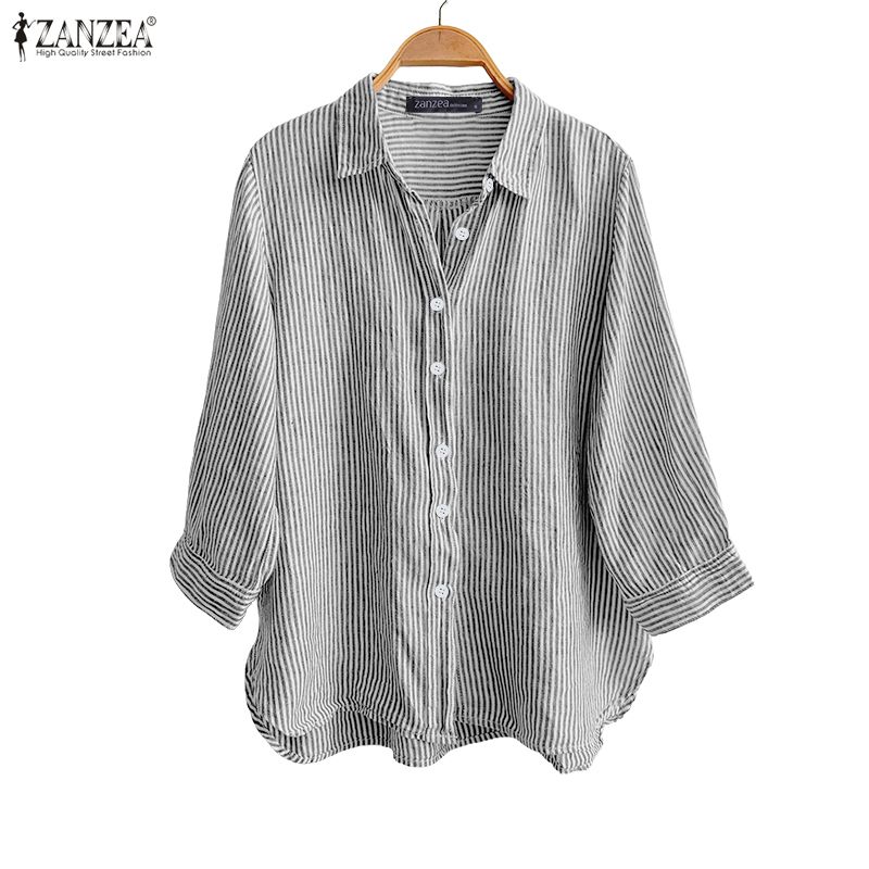 

ZANZEA Женская блузка с отложным воротником, свободного кроя, с рукавами 3/4 и полосатым принтом XL чёрный