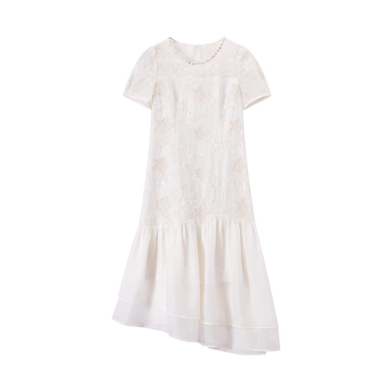 Women s Elegant Embroidered Jacquard Faux Two-Piece Long Dress M