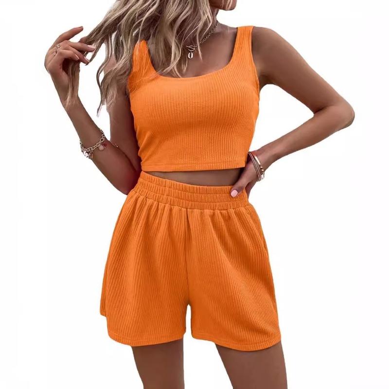 Damen Zweiteiler Sommer Strick Ärmelloses Crop Top und High Waist Kurze Lounge Sets