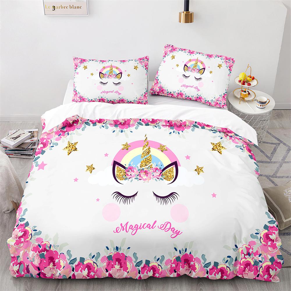 Unicorn Rainbow Duvet Cover Set King Twin Full Size Kids Boy Girl Bedding Set Colourful Cartoon Child Polyester Comforter Cover