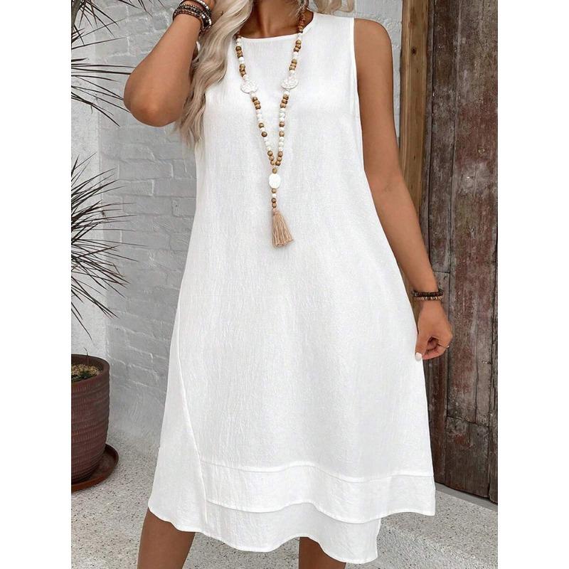 

JKASHDK Женская мода Лето Весна Однотонный Принт Без Рукавов V-образный Вырез Свободная Талия Повседневные Платья XXXXL