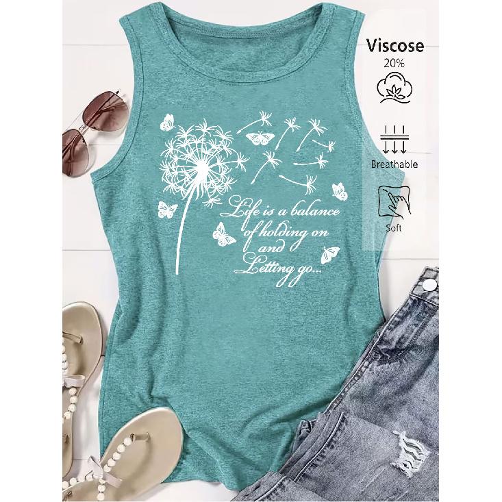 2026 Dandelion Butterfly Letter Print Women Sleeveless Tank Top Trendy High Quality Casual Spring Summer Vest S павлин голубой
