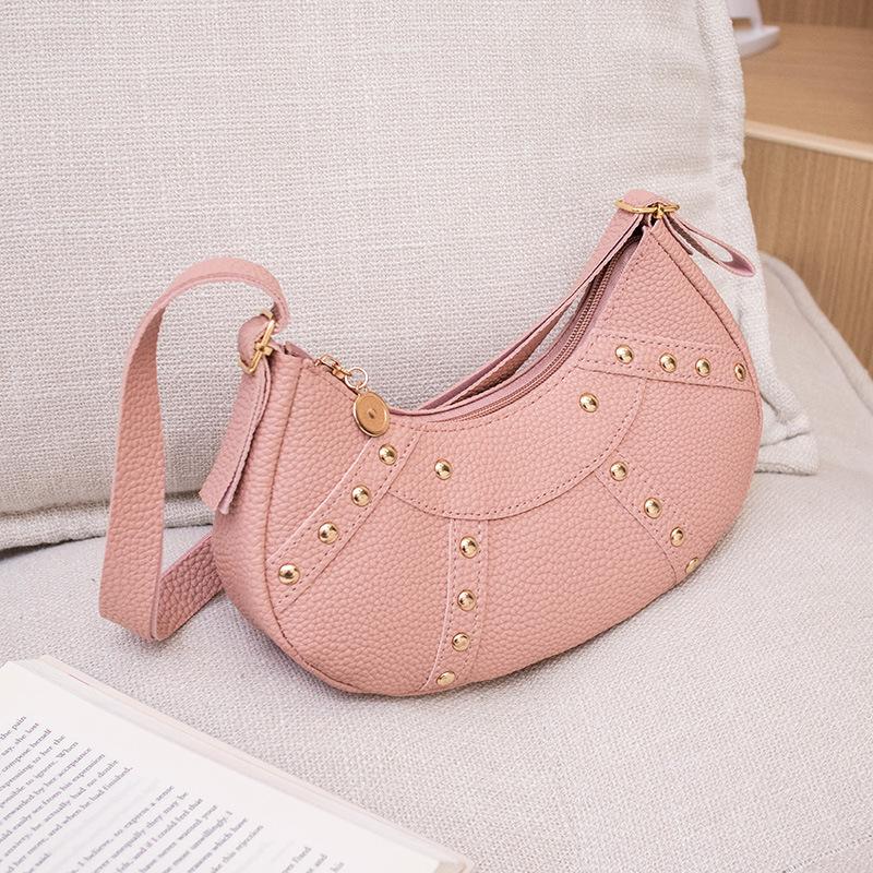 Ladies bag personalized crescent bag rivet splicing underarm portable women's bag fashionable lychee pattern shoulder mobile phone bag