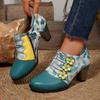 Fashion Women Ankle Boots Mixed Colors Flower Side Zipper Women Shoes Printed High Heels Shoes 2025 Autumn/Winter New Retro Boots Women