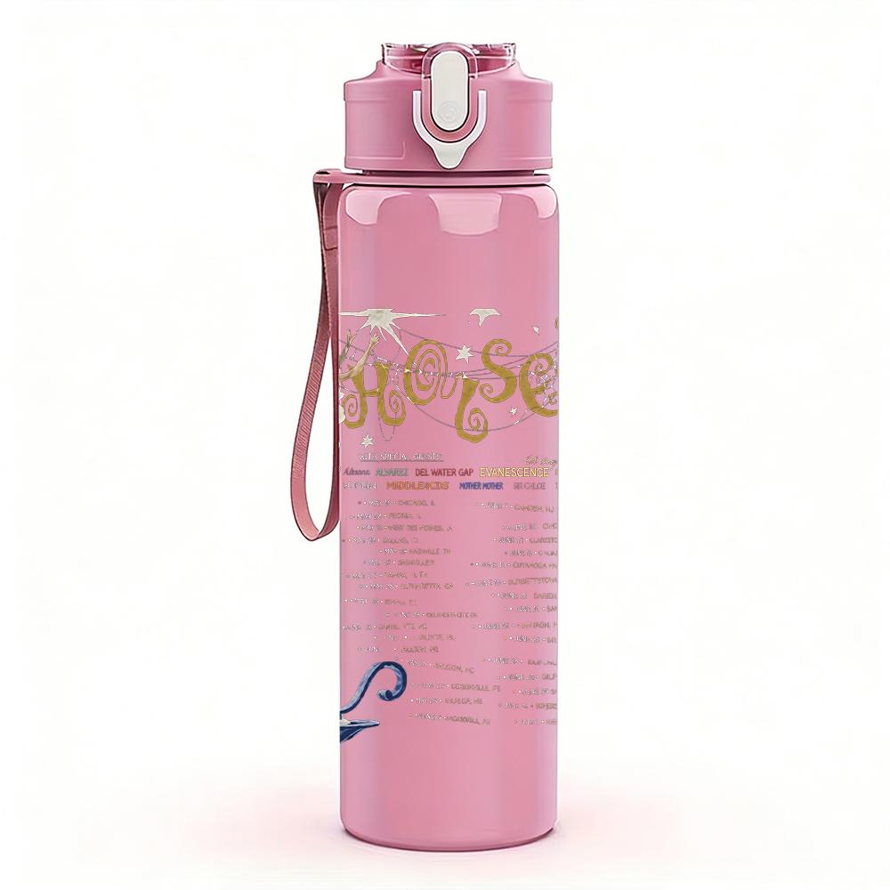 1PC Vintage candle manuscript text print 750ml colorful plastic sports water bottle leakproof pop up lid with straw for outdoor work home use