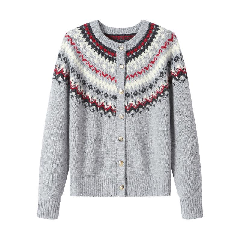 Women's Fair Isle Jacquard Knit Wool Cardigan Coat - Warm Button Sweater for Autumn/Winter