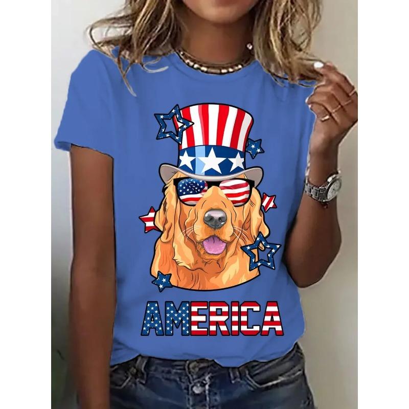 Women's T-Shirt Golden Retriever American Flag Hat Printing Fashion Casual Street Round Neck Oversized Summer Women's Clothing